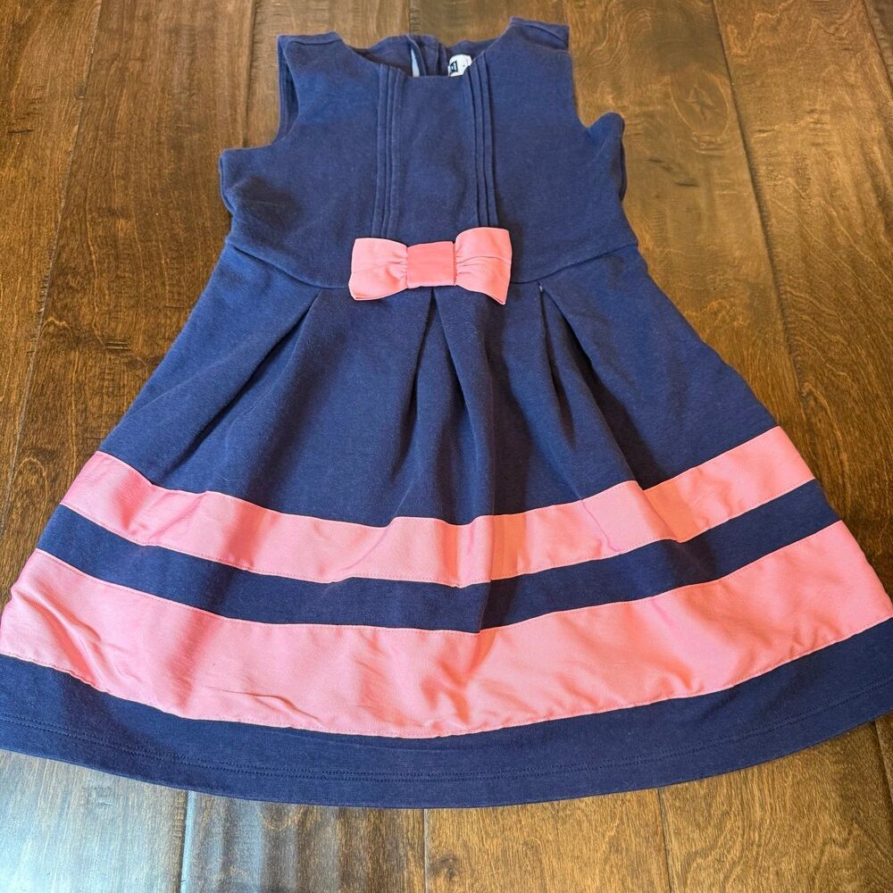 Janie and Jack Retro Resort Blue and Pink Bow Dress Girls size 5 Preppy Nautical